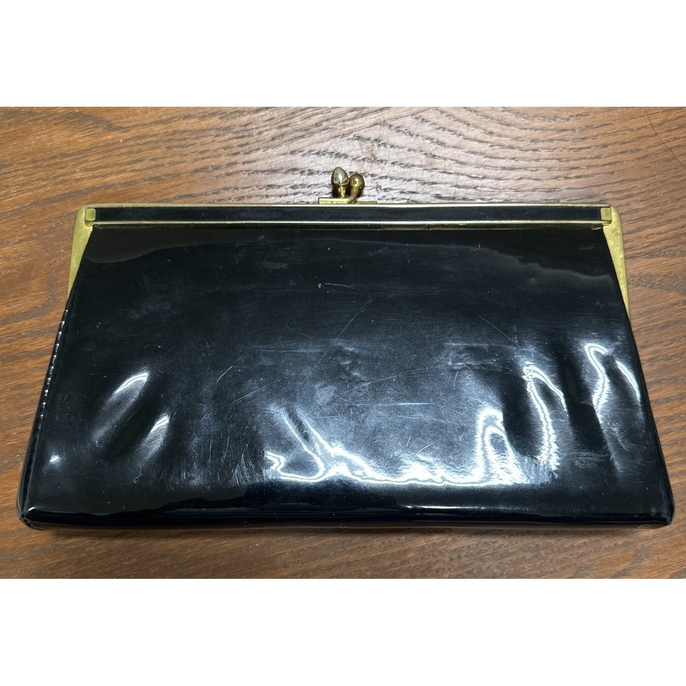 Vintage 1950s Black Patent Leather Clutch Purse Handbag Ande Chain Link Strap